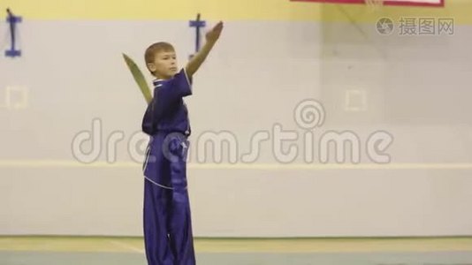 男孩少年传统服装训练武术用剑练拳视频