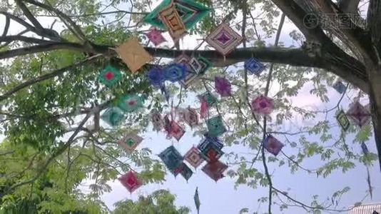 悬挂在树上的装饰移动蜘蛛网视频