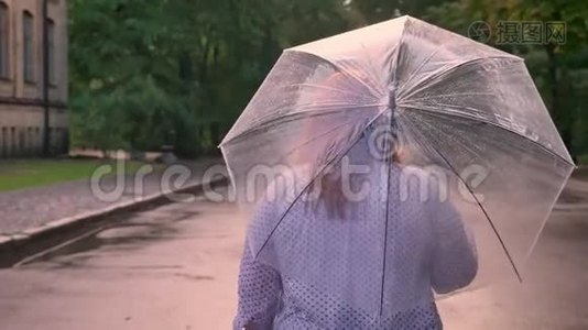 胖姜女的剪影在雨中漫步在公园的路上，撑着伞，后景视频