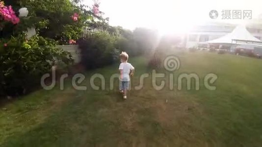 在热带花园的树林间奔跑的快乐欢笑幼儿男孩4k视频视频