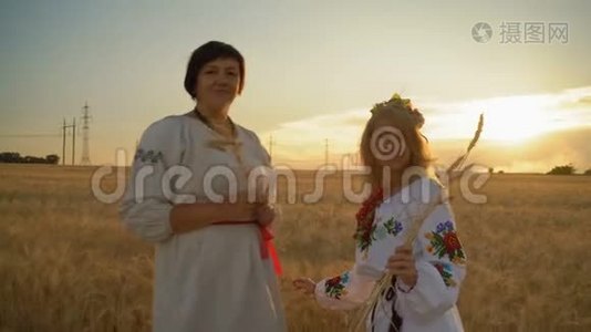 两名手持麦穗的全国妇女站在麦田里微笑视频