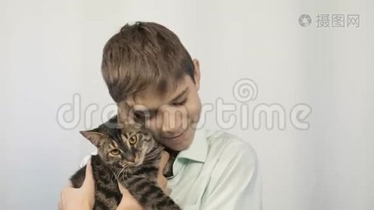 男孩拥抱并亲吻他的小猫。 快乐的童年视频