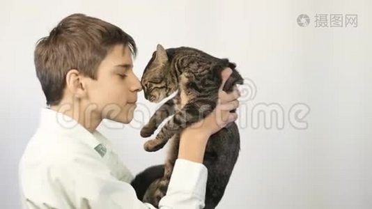 男孩拥抱并亲吻他的小猫。 快乐的童年视频