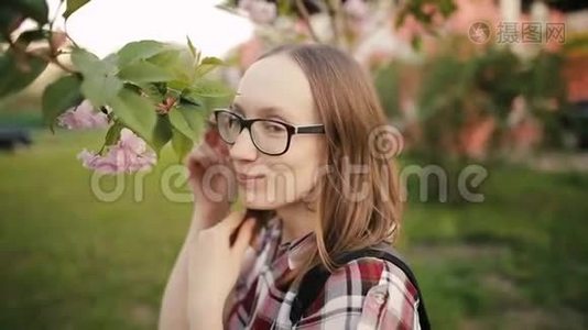 戴眼镜的漂亮女孩摆姿势拍照。 背景中绽放着粉色的树木.. 有选择的焦点。视频