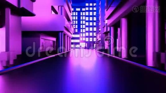 镜头通过霓虹灯城市建筑的抽象动画。 四处游荡。视频