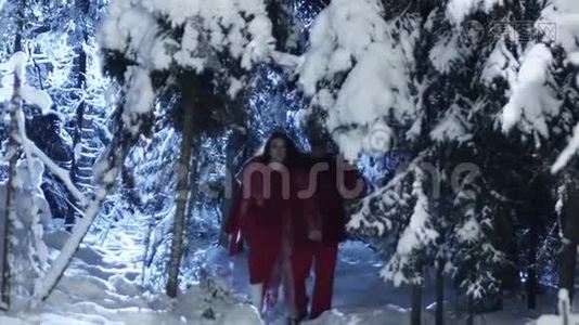 穿着红色衣服的可爱的男人和女人在白雪皑皑的冬林中慢慢移动视频