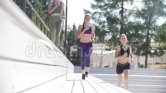 三个运动女孩在阳光明媚的夏日在公园慢跑视频
