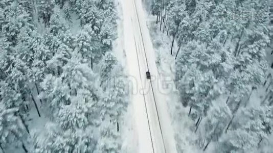 黑车在松林雪域乡间小路上行驶，鸟瞰视频