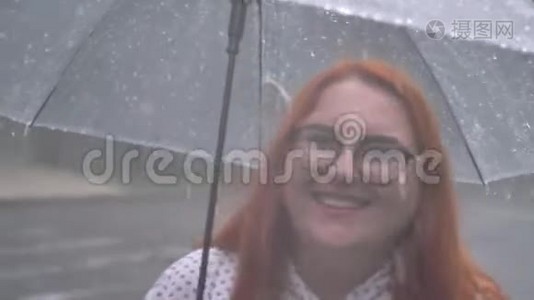 戴着眼镜的肥姜女孩在雨中漫步在公园里，撑着伞，看着镜头，微笑着视频
