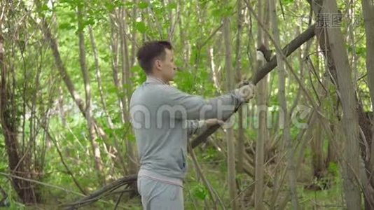 带着斧头在森林里砍树的年轻人视频