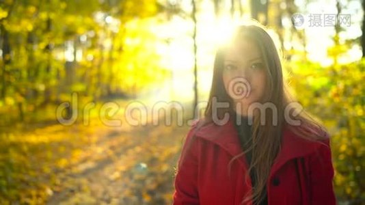 秋天森林里一个身穿红色外套，背景是一片黄色枫叶的美丽沉思少女的画像视频