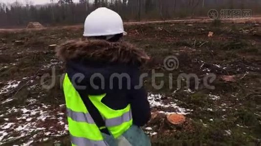 雪天被毁森林的女林业雇员视频