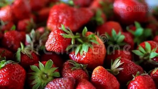 在烹饪前，在厨房的桌子上特写一串新鲜的、大的、成熟的草莓，有选择地集中注意力视频