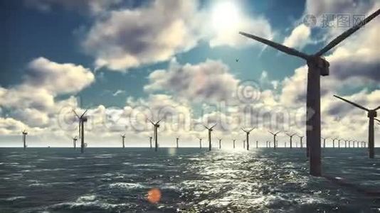 海上风车农场在海洋中，风车在美丽的阳光明媚的晴天与蓝色隔离在海洋中视频