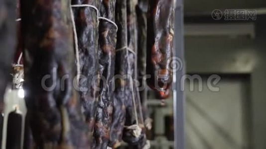 肉类和香肠制造。 香肠制作厂冷藏仓库加工肉制品.. 吸烟视频