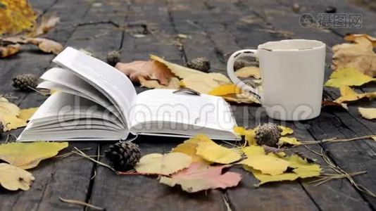 在旧木上有一本书，一杯茶-咖啡，落叶和锥。 风吹散树叶，移书页..视频
