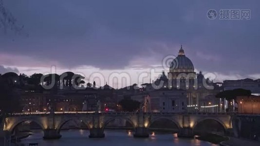 延时镜头。 罗马市中心的梵蒂冈、圣彼得大教堂和圣安杰洛大桥视频