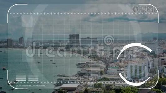 数字安全无人机、摄像机或全息扫描技术锁定海滨城市的商业和军事观察理念视频
