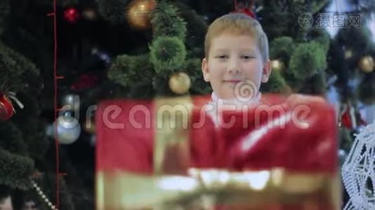 快乐的微笑男孩展示了红色`新年礼物。 小孩站在圣诞树下视频