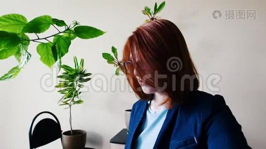 办公室里的女工在笔记本电脑上打字，桌子上放着植物视频