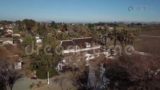 空中飞行。 一座美丽的大房子在一片被棕榈树包围的田野中间视频