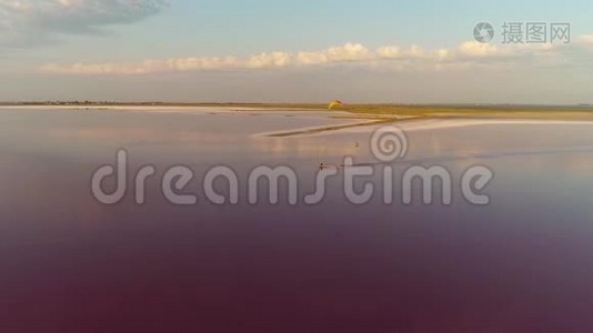 从高处到一个人从事风筝冲浪的粉红色大湖的景色，蓝天白云视频