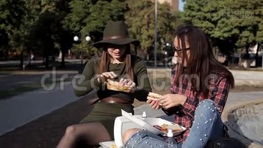 秋天，女孩们坐在公园里，她们吃薯条和三明治，交流视频
