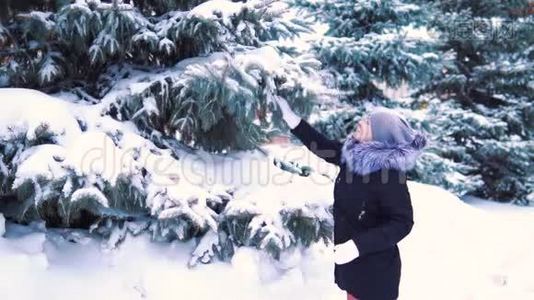 雪从一棵树落到一个女孩，慢镜头拍摄，冬天白雪覆盖的公园视频