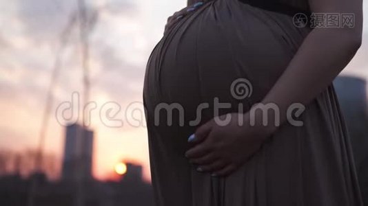 紧紧抱着肚子-年轻的孕妇在她的旅行目的地国家拉脱维亚，可以俯瞰城市视频