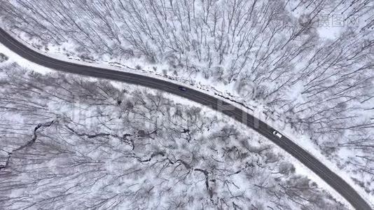 在白雪覆盖的森林中行驶在冬季道路上的汽车，从无人驾驶飞机可以看到空中4k的景色视频