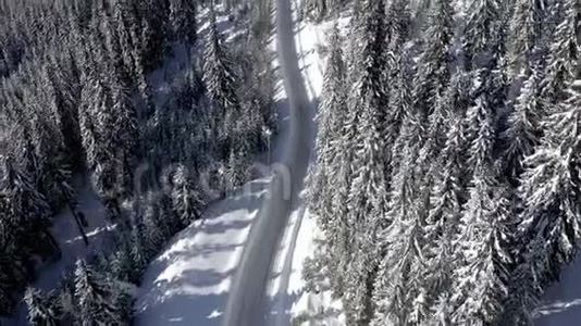 在白雪覆盖的森林中飞越冬季道路，从无人驾驶飞机可以看到空中4k的景色视频