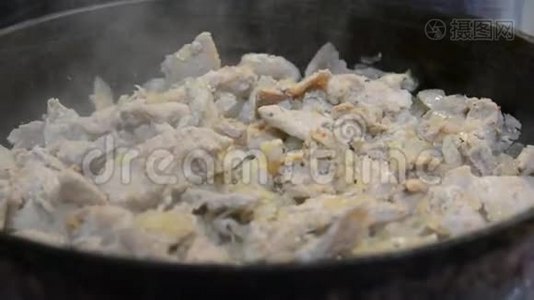 炒锅特写上的猪肉切片.. 洋葱和香料视频