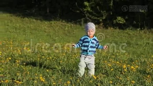 小男孩在公园里散步视频