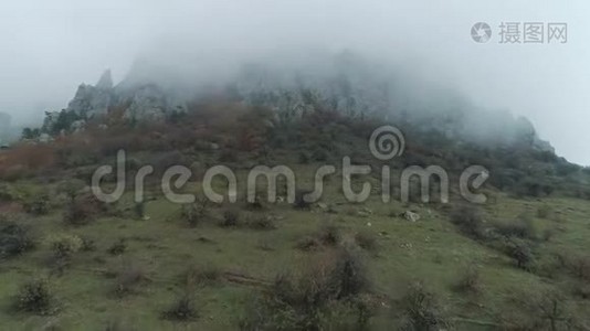 浓雾中美丽的山脊和树木。 中枪。 秋天的风景。视频