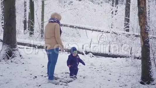 快乐的一岁男孩和他的母亲在冬天的森林里玩耍。视频