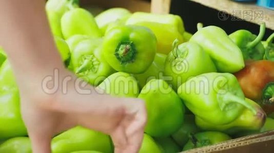 一个女人正在市场上选择蔬菜。 4k. 慢镜头。 女人买保加利亚胡椒视频