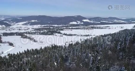 鸟瞰：风景，冬季自然，美丽的欧洲森林山旅游，白色著名的田园旅游视频