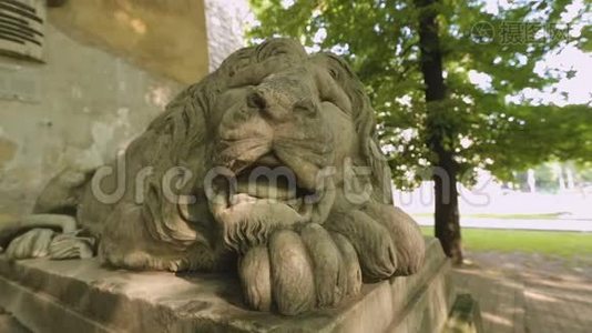 大厦入口大理石狮子雕塑，利沃夫城市权力象征，装饰视频
