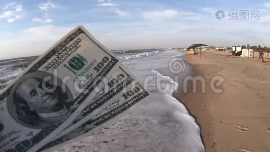 在海上背景下持有300美元钞票的女孩视频