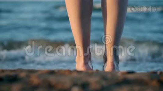 向下移动，关闭：女性或女孩的脚踩在贝壳上的黄沙上，进入大海。 女孩陷入了视频
