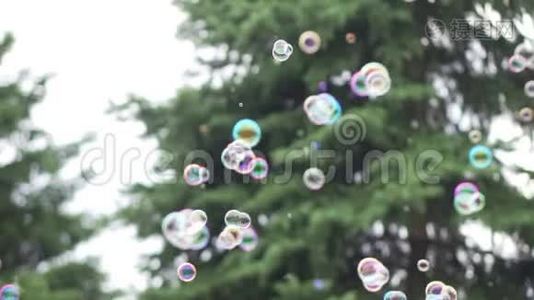 许多小肥皂泡在一棵绿色圣诞树的背景下飞舞视频