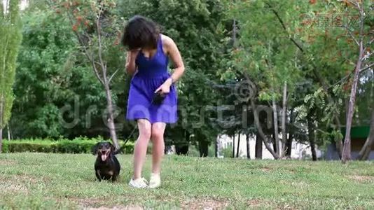 年轻女子在公园里和狗狗玩，在手机上聊天视频