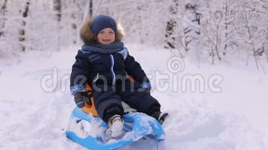 冬天快乐的笑男孩坐在雪橇上视频