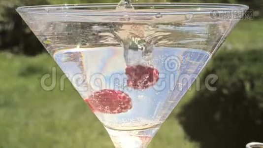 树莓在玻璃中溅入水中。 有机浆果，健康食品。视频