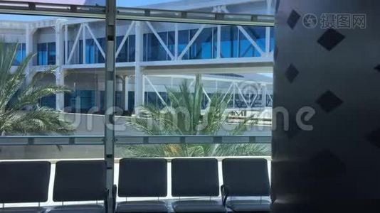 全景窗口，可以看到棕榈树和机场飞机的大门。 机场背景，可观看窗户视频