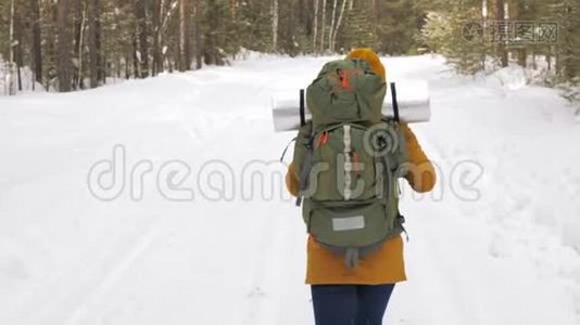 女游客走在一条冬天的森林路上，肩上背着一个背包。视频