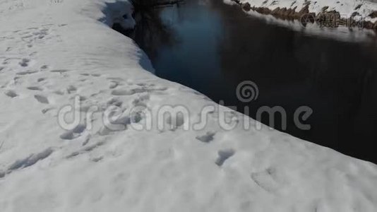 春天从河上的四架直升机上观看。 河水流淌在白雪和光秃秃的树木之间视频