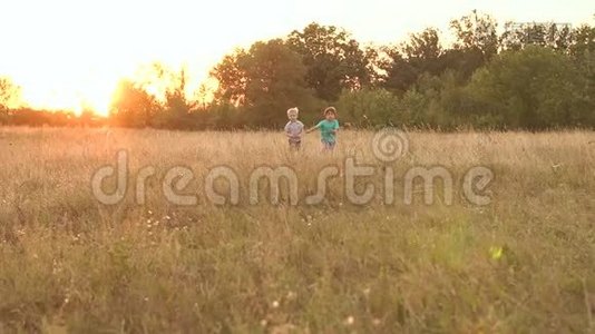 日落时分，两个小男孩跑过田野，慢悠悠视频