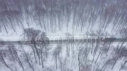降雪时被冬季森林包围的道路上的交通鸟瞰图视频