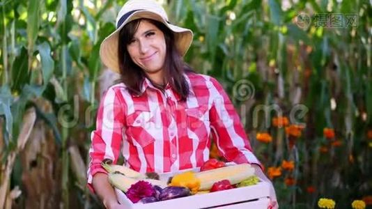 微笑的女农民穿着格子衬衫，手套和帽子拿着一盒不同的新鲜蔬菜，收获。 背景视频